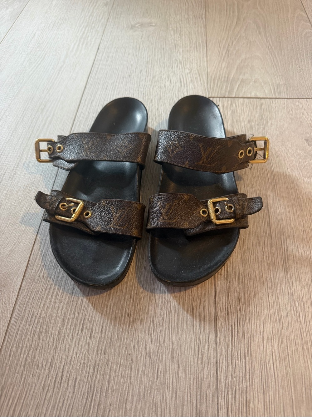 Louis Vuitton Brown Monogram Double Buckle Slide Sandals